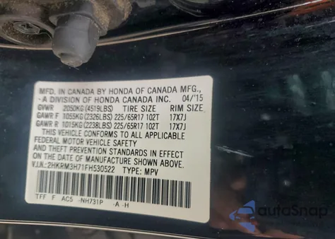 2015 Honda Cr-V Exl from USA, damaged, VIN 2HKRM3H71FH530522